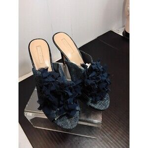 Antonio Melani Blue Denim Chiffon Heels Pom poms  Size 9